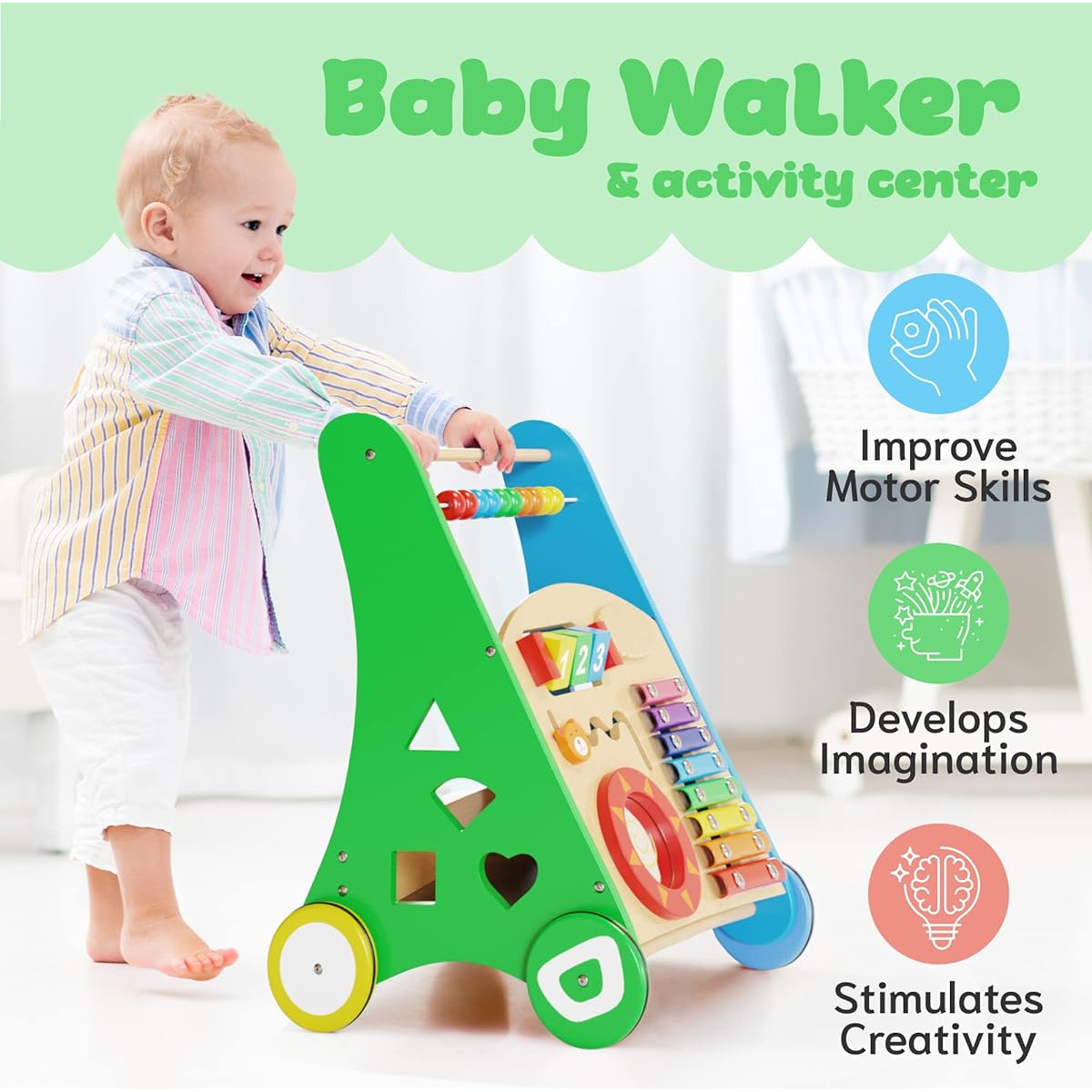 Baby Toys - Kids Activity Toys - Wooden Push & Pull Learning Walker for Toddlers Boys Girls - Multiple Activity Center - Develops Motor Skills and Stimulates Creativity - Birthday Gift