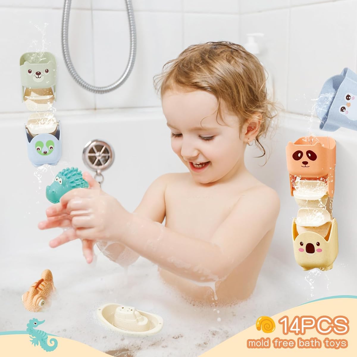 Mold Free Bath Toys for Kids Ages 1-3 Aquarium Toys Floating Boat & Animal Bath Toys with Lovely Cups 14 Pieces Baby Bath Toys Gifts for Boys and Girls