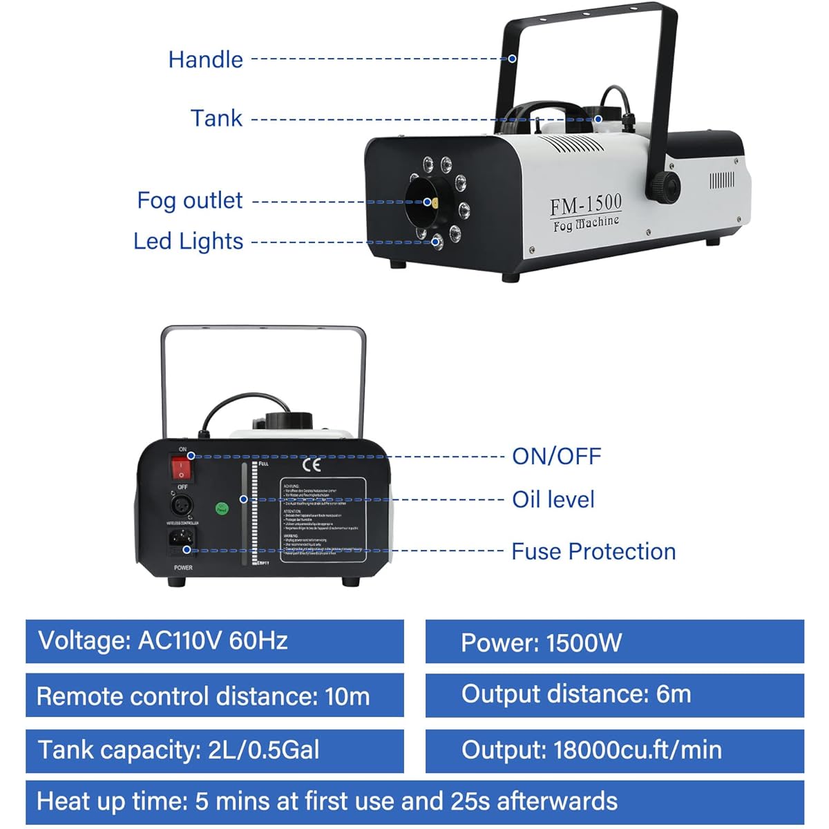 TCFUNDY Fog Machine with Light 1500W Smoke Machine 9 RGB LED Lights for DJ Halloween Wedding Party Stage with Remote Control