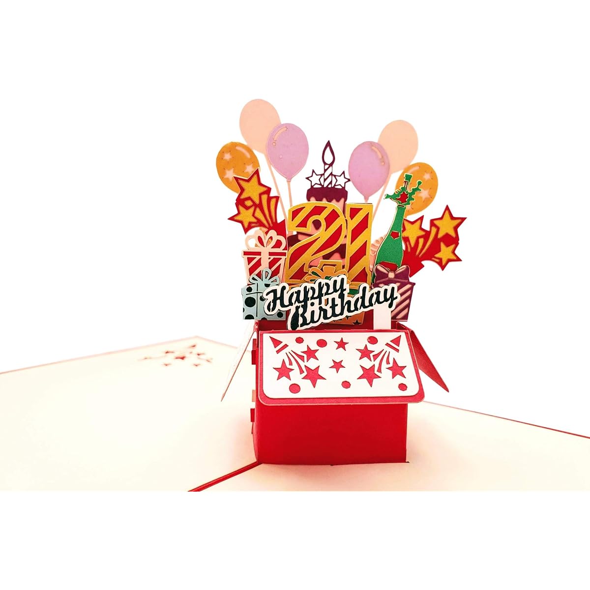 iGifts And Cards Happy 21st Red Birthday Party Box 3D Pop Up Greeting Cards - 21st Cute Congratulations Unique Celebration Feliz Cumpleaños Balloon Gift Present