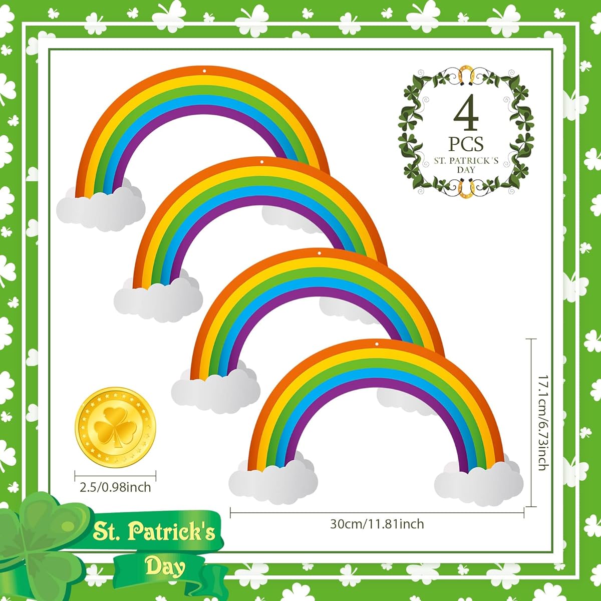 4pcs Hanging Rainbow and Clouds Ceiling Decor Gold Coin Streamers St. Patrick's Day Decor Paper Irish Ornaments Room Wall Wood Decor Leprechaun Party Supplies 11.81''