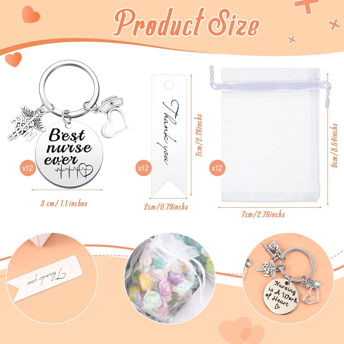 Sasylvia 12 Sets Nurse Gifts, Appreciation Keychains with Thank You Cards, Organza Bags, Nursing Student Gifts, Medical Assistant Gifts