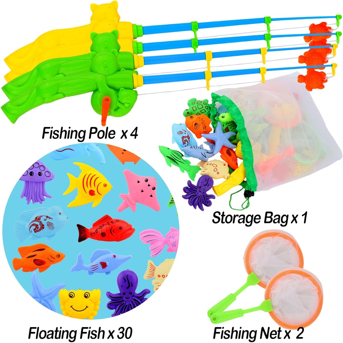 AUUGUU Magnetic Fishing Game Water Toy - 4 Fishing Rods, 4 Nets and 50 Colorful Magnetic Fishes for Kids Pool, Water Table, Bath Fun - Toddler Toys for Ages 3-5
