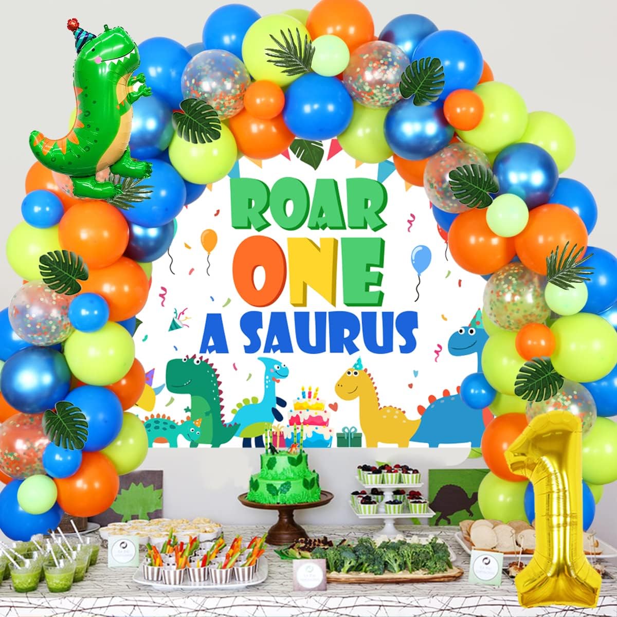 1 A Saurus Birthday Decorations Dinosaur Balloon Garland Arch Kit with Roanokesaurus Backdrop Dinosaur Balloons Dinosaur 1st Birthday Decorations for Boys Girls