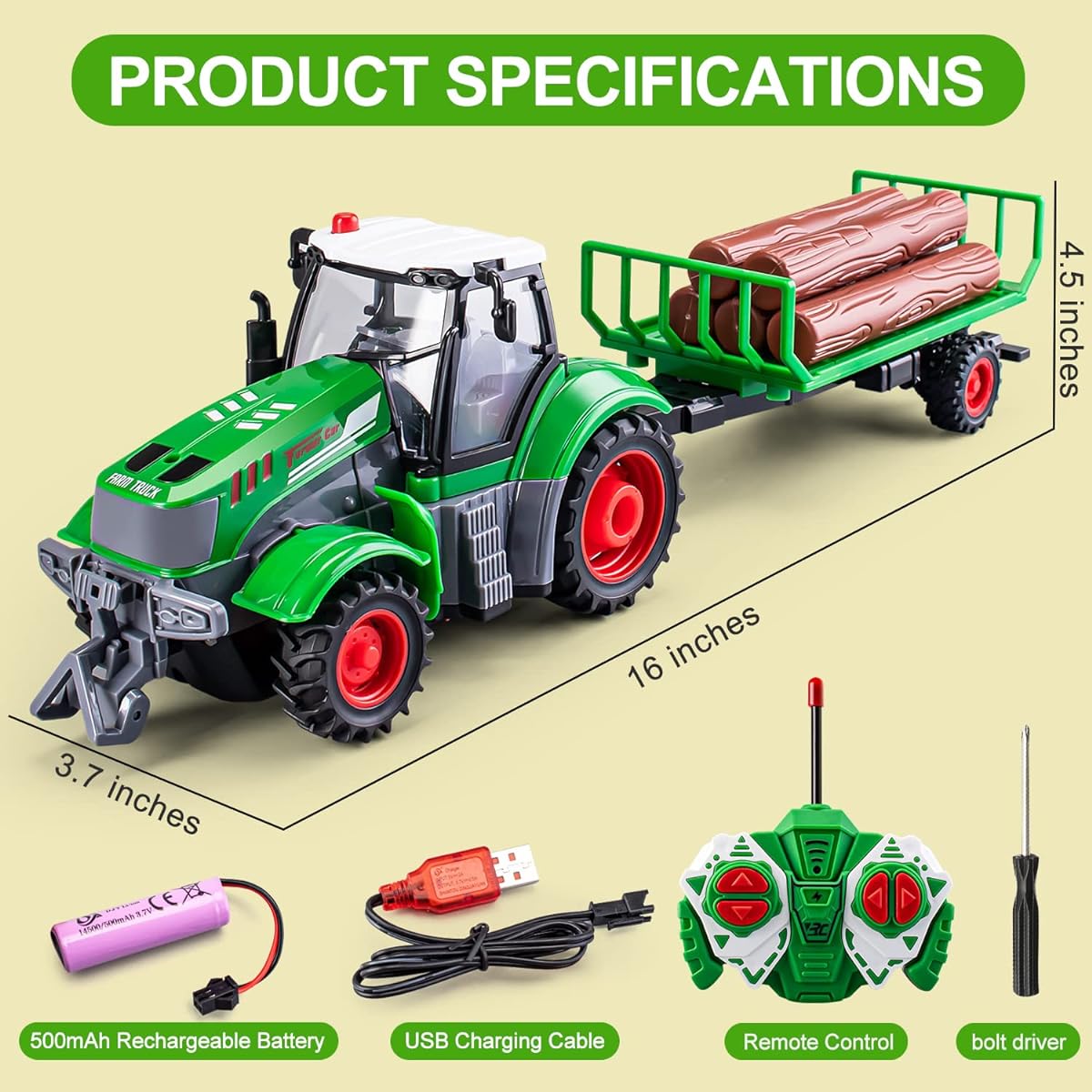TICTTGA Gifts for 5 year old boys, Remote Control Truck for Kids, Toddler Farm Toys for Boys 4-7 years old, Remote Control Tractor for Boys 4-7 1/24 Scale Log Trailer
