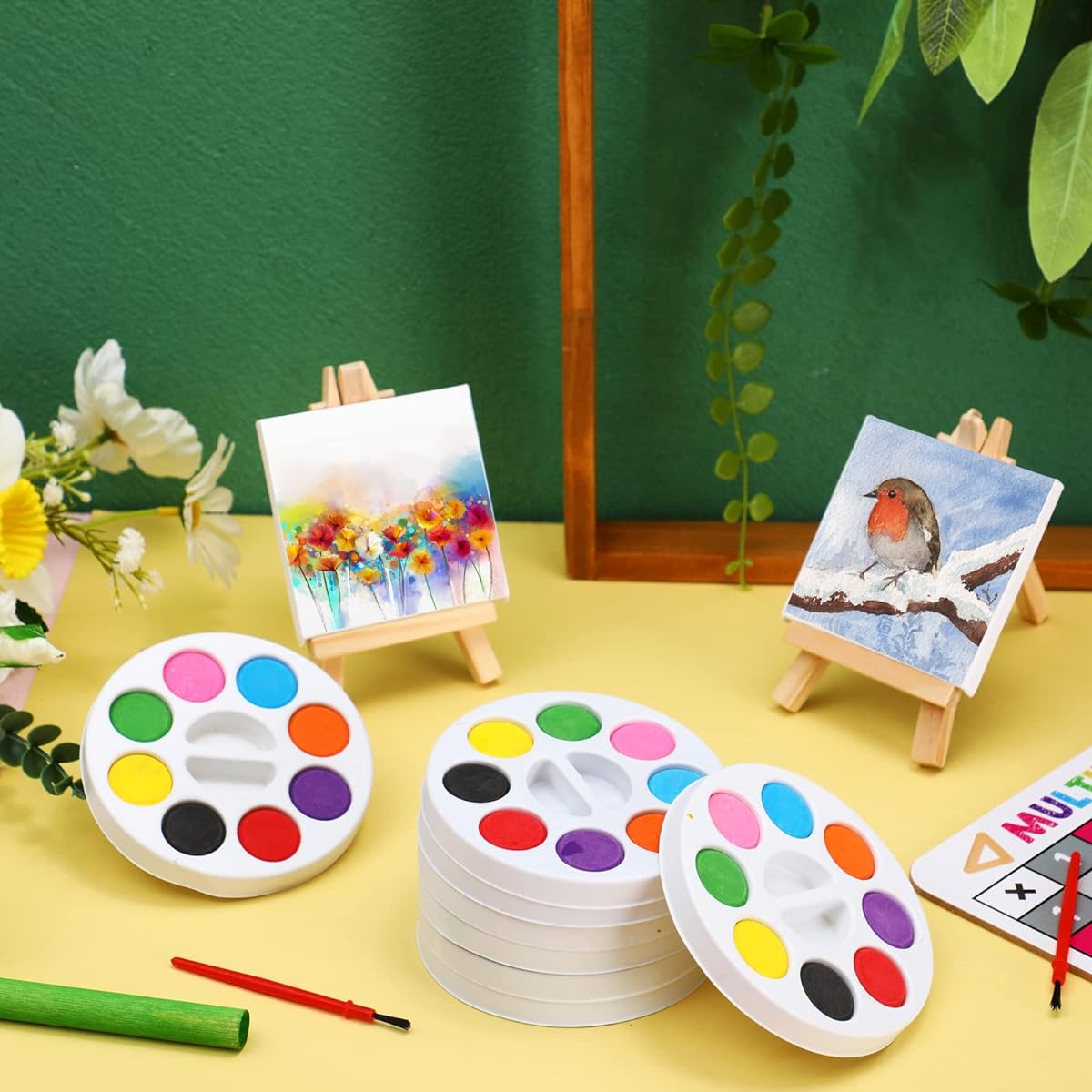 Watercolor Paint Set, 8 Colors Watercolor Paints, 3 x 3 Inch Painting Canvas Panels, Mini Wooden Easel Set, Stretched Canvas Display, Easel, Paint Brush Kit for Kids (24 Sets)