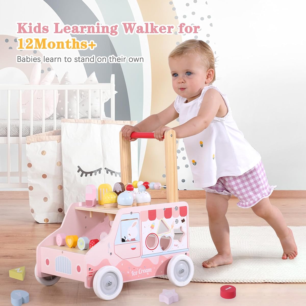 labebe Wooden Baby Walker with Wheels for Girls 12 Months Baby Push Walker for 1 Year Old Sit to Stand Walker for Baby Girl/Boy Ice Cream Cart for 1-3 Year Olds Toddler Pretend Play Dessert Truck