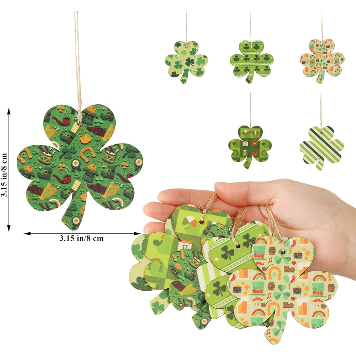Prriudy 30 Pieces St. Patrick's Day Shamrock Ornaments, Shamrock Wooden Hanging Ornaments, Shamrock Baubles for St. Patrick's Day Festive Tree Bauble Shelf and Table Decorations