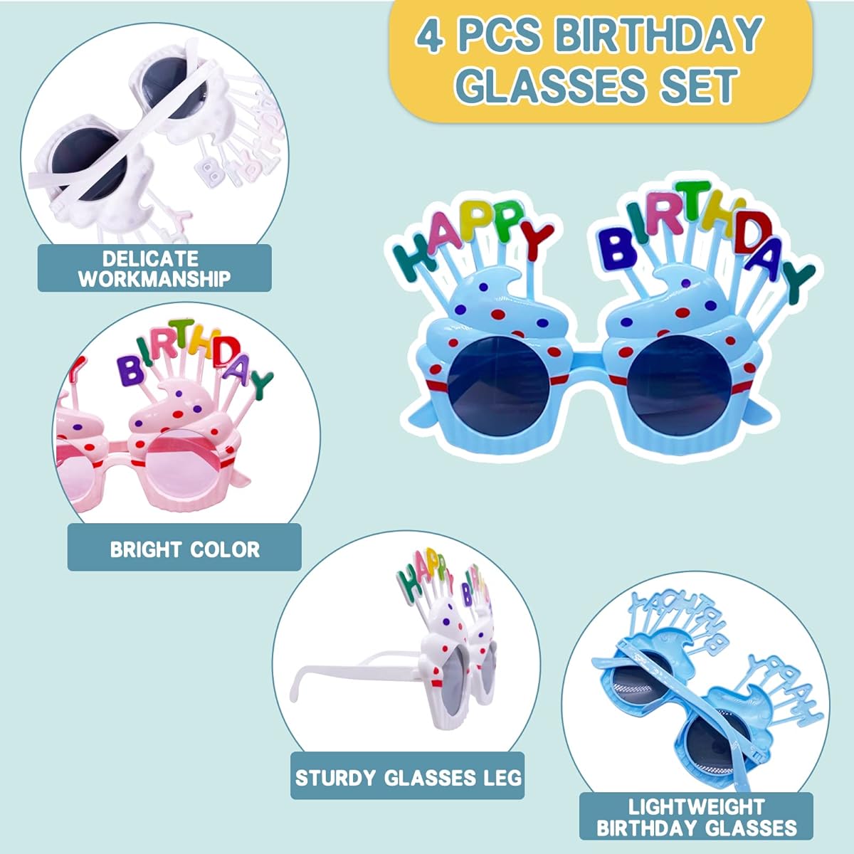 SETHOUS 4 Pack Happy Birthday Glass Sweet Cream Cake Glass Birthday Gift for Women Birthday Decorations Birthday Party Favor Photo Booth Props Birthday Party Supplies
