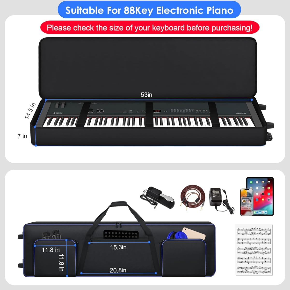 Key Keyboard Case with Casters (53" x 14.5" x 7") | 88 Key Keyboard Rolling Bag 3 Pockets | 88 Key Keyboard Roller Bag Soft Padded Case with Handle & Shoulder Strap for 88 Key Keyboard, Black///White , 53*14.5*7inches, 88 keys keyboard case with wheels.