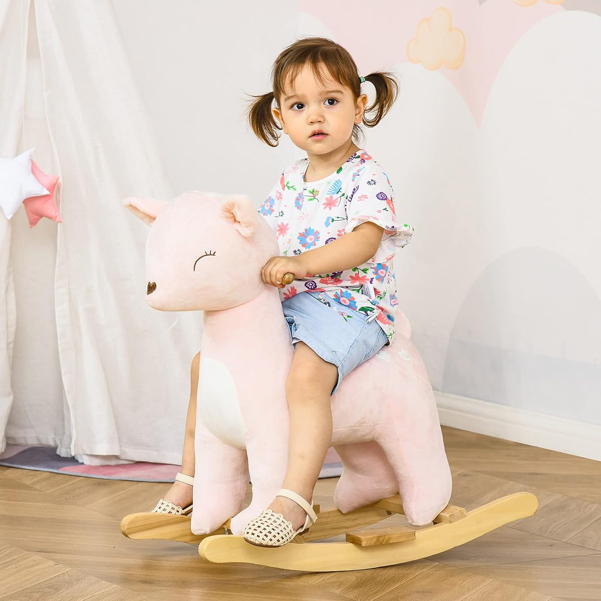 Qaba Kids Plush Toy Vehicle Rocking Horse Deer Shape Stuffed Animal Realistic Sounds for Kids 36-72 Months Pink