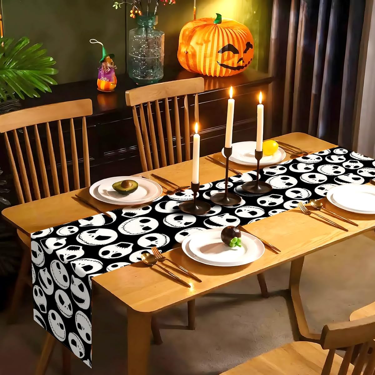 Sunwer Nightmare Before Christmas Table Runner Halloween Jack Skellington Birthday Party Indoor/Outdoor Table Cover Decor Skull for Home Kitchen Dining Room 13 x 72 Inch