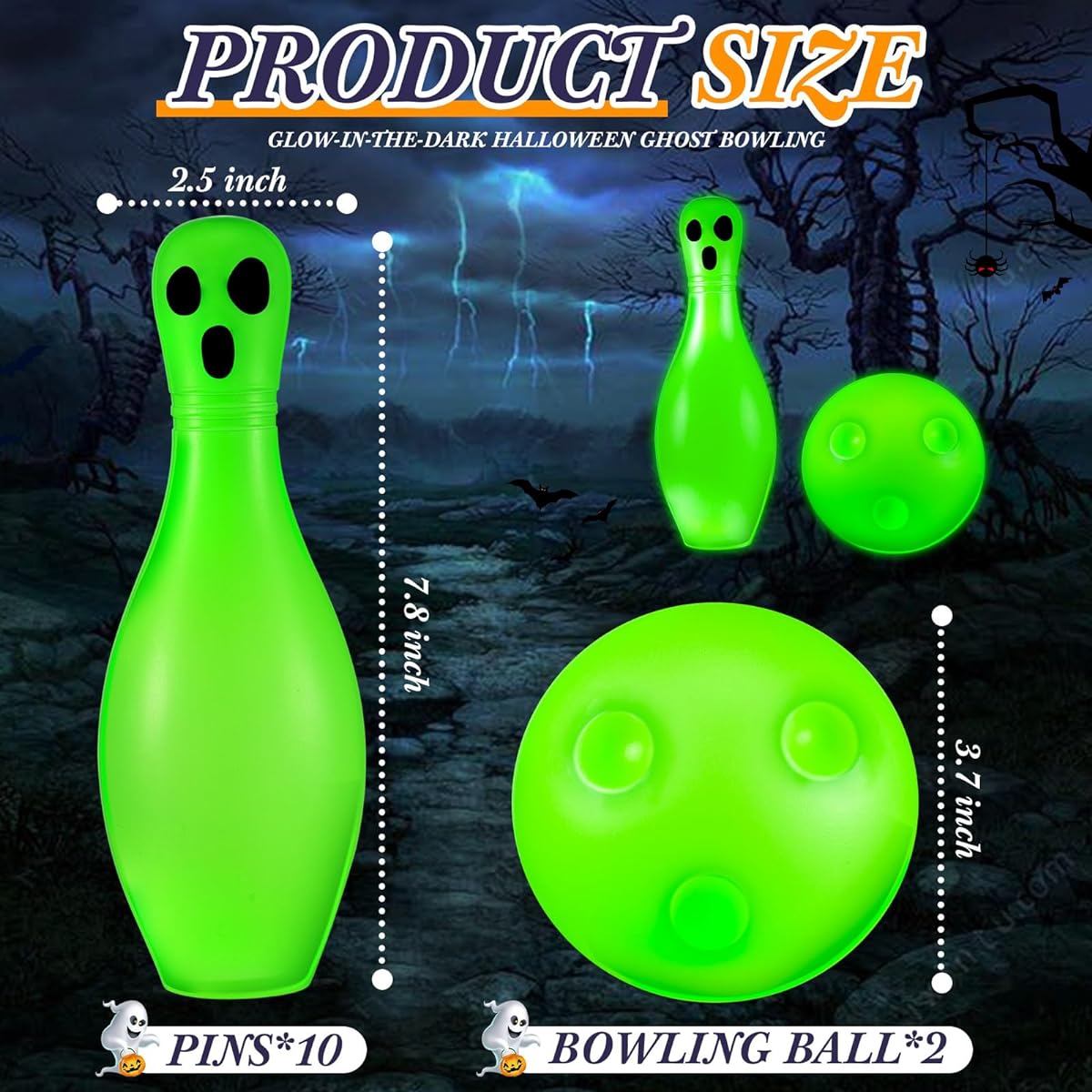 Libima 12 Pieces Glowing Bowling Set Halloween Bowling Pins Toy Game Set with 10 Pins and 2 Balls for Fun Family Party Lawn Garden Sports Games