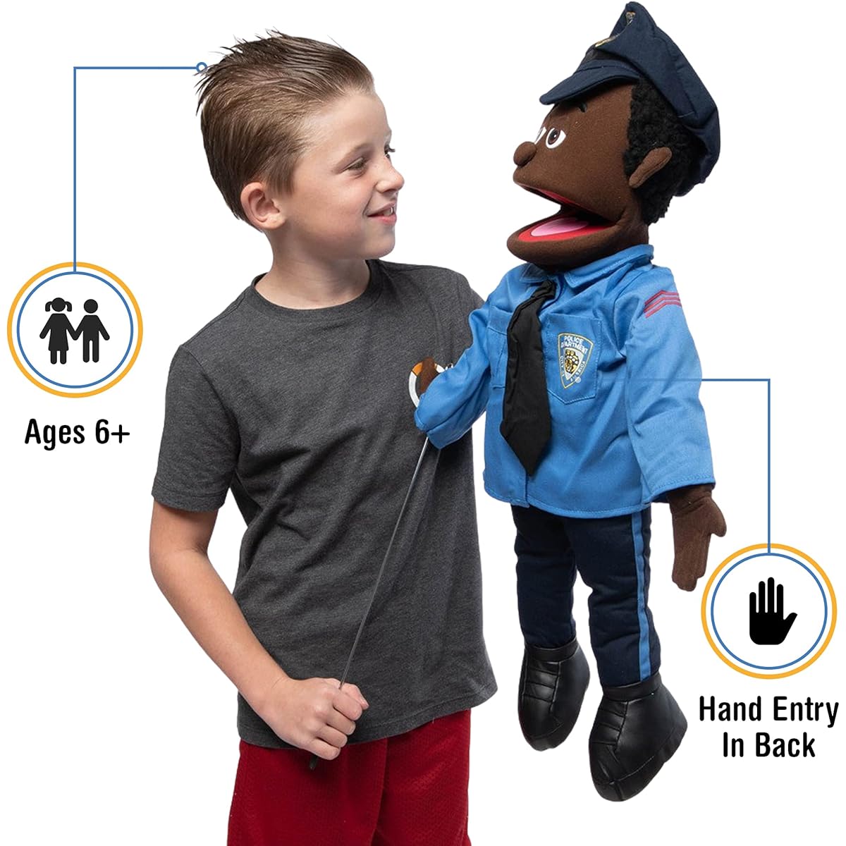 60cm Policeman, Black Male, Full Body, Ventriloquist Style Puppet