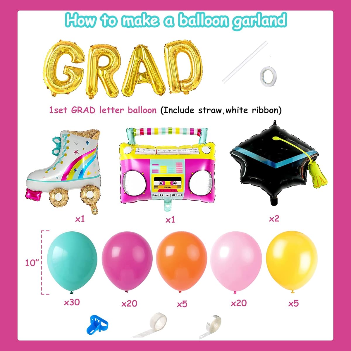 80's and 90's Graduation Party Decorations, 90 Piece Balloon Arch Garland Kit Includes Rainbow Roller Skate Boom Box Balloon Latex Balloon Party Supplies. 80's and 90's hip hop graduation party supplies.