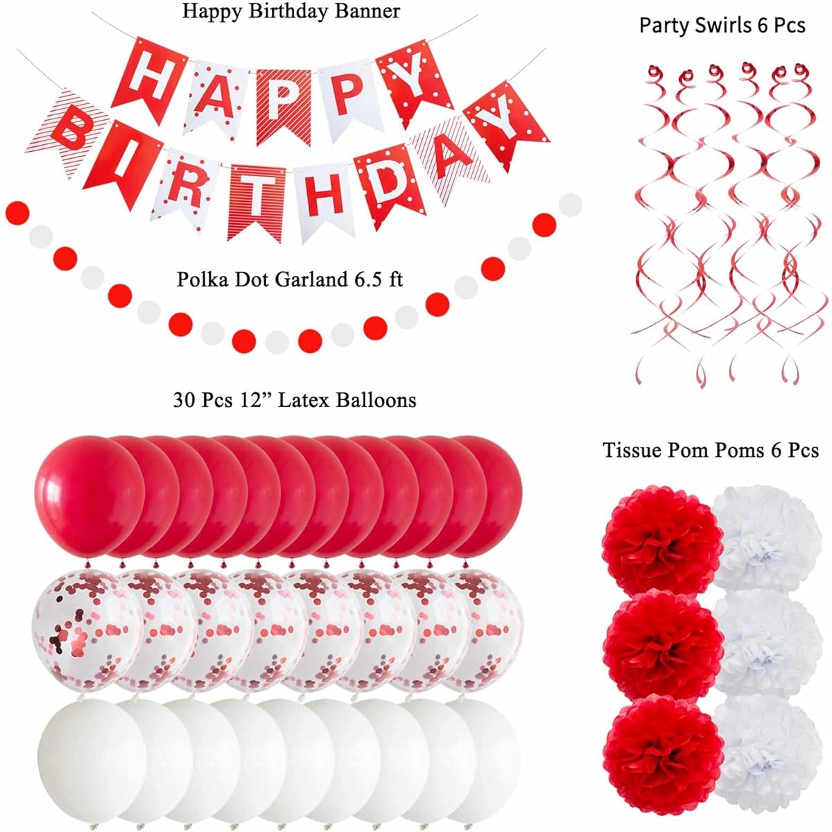 ANSOMO Red and White Happy Birthday Party Decorations with Banner and 30 Balloons