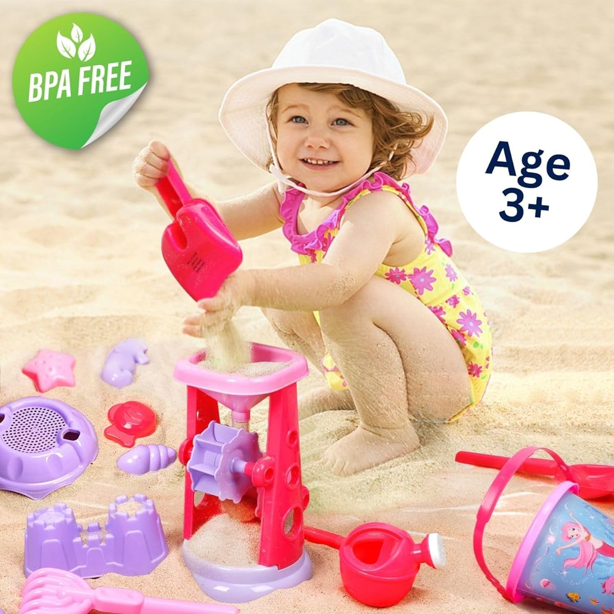 Liberty Imports Pink Princess Sand Ring Beach Set Toy with Zippered Bag for Girls - Sand Sifter, Mermaid Bucket, Water Pot, Playthings and Molds (13 Piece Playset)