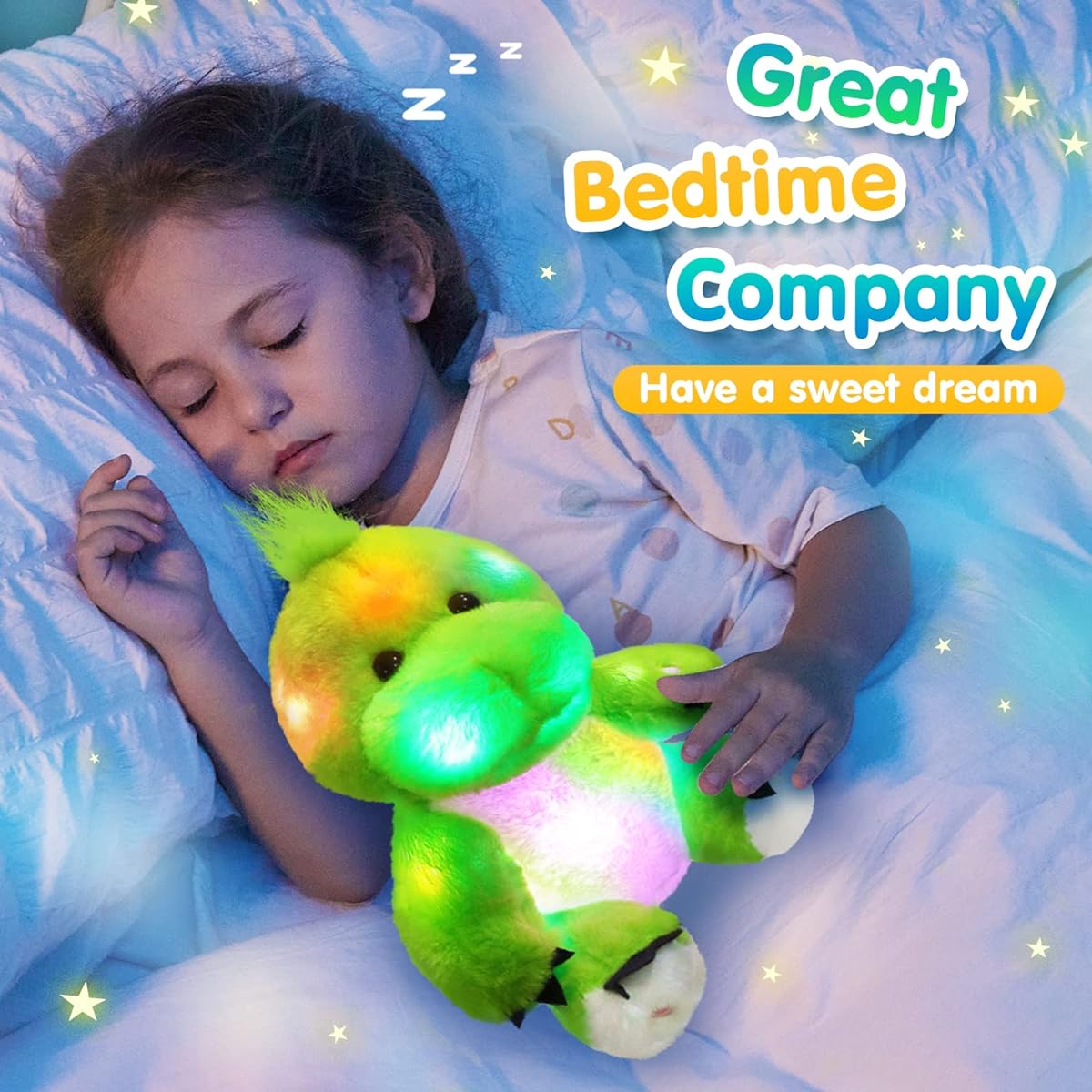 BSTAOFY 11" Luminous Dinosaur Plush Toy, Cute LED T-Rex Soft Stuffed Animal Glow in the Dark Gift for Kids Boys Girls Birthday Holidays, Green