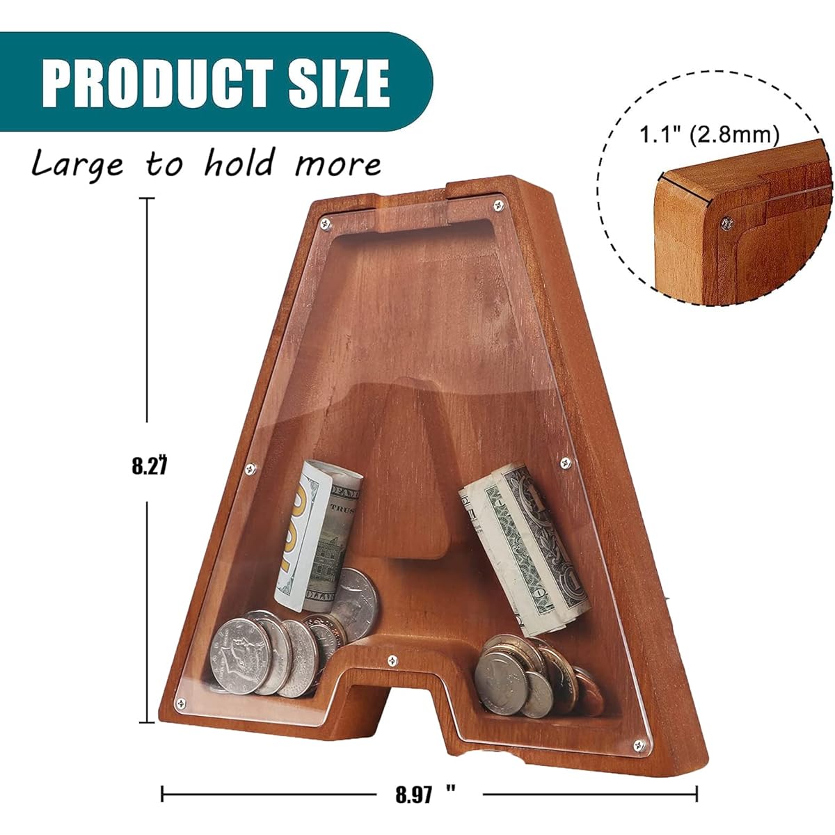 Hysnan Letter Piggy Bank for Boys/Girls 26 Alphabet Wooden Piggy Bank for Kids Personalized Custom Name Coin Bank for All US Coins (A)