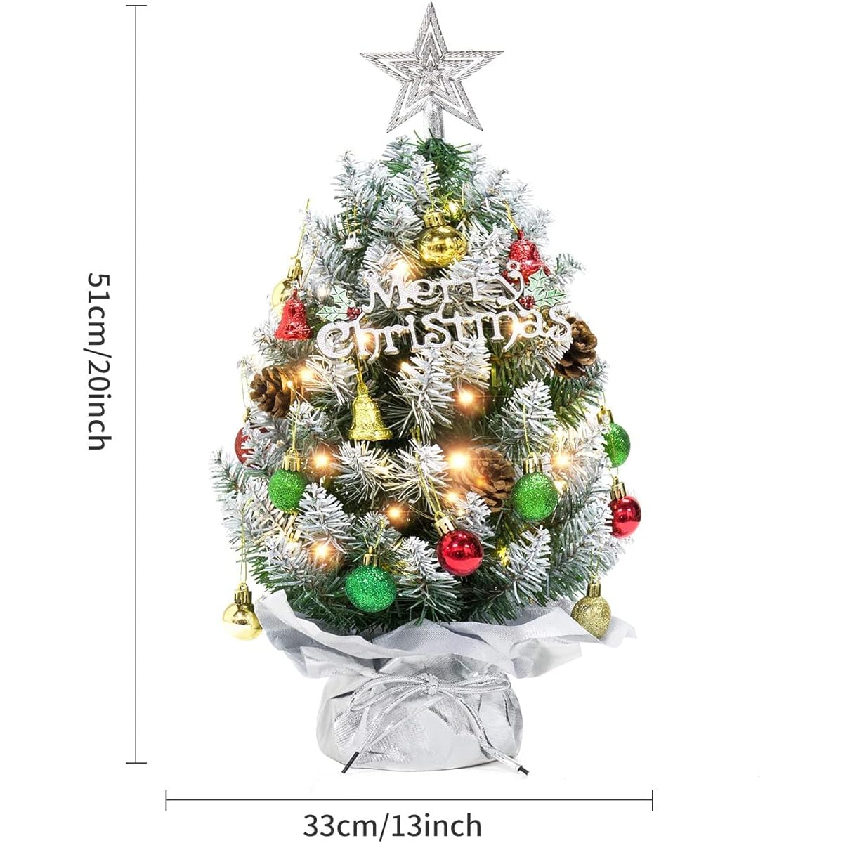 XmasExp 20" Tabletop Mini Christmas Tree Set with 2 LED Lights, Star Tree, Ornament Balls, Bells and Pine Cones, Best DIY Christmas Decorations, Silver