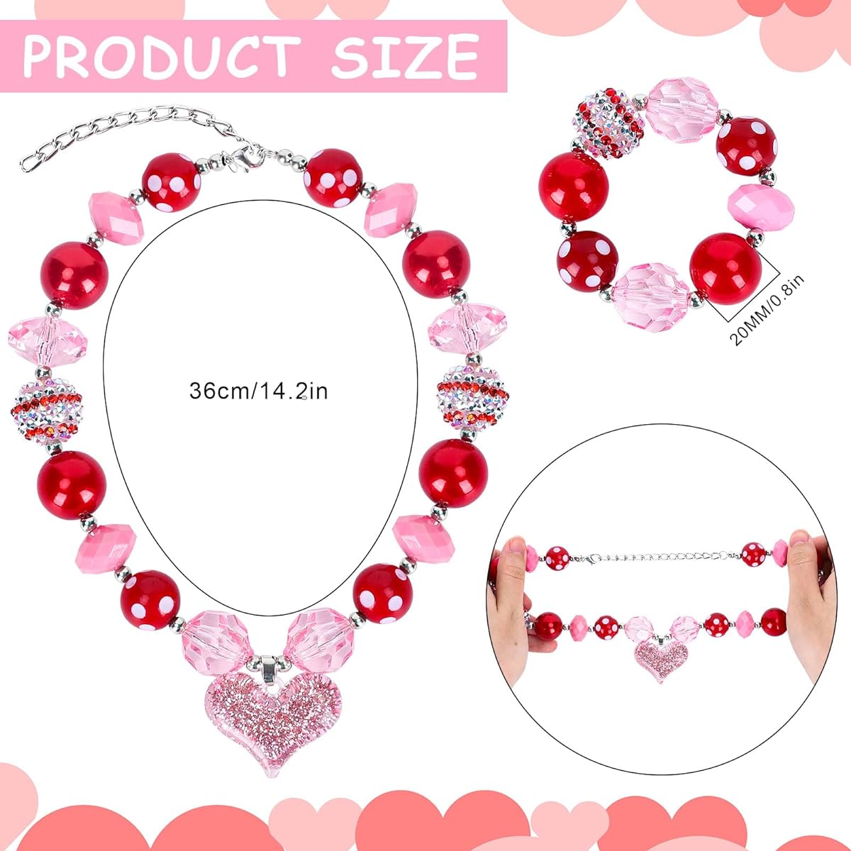 Whaline Valentine's Day Bubble Gum Bead Necklace & Bracelet Set for Little Girls, Necklace Bracelet, Heart Shaped Jewelry, Pendant Necklace with Beaded Bracelet, Accessories, Student Diploma, Party Favors, Resin, Acrylic, No Gems