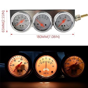 BAGARAATAN Triple Gauge Kit Oil/Volt/Water Gauge 2inch/52mm Chrome Panel 3 in 1 Car Meter Hydraulic Fahrenheit Water Temperature Ammeter Triple Gauge Kit