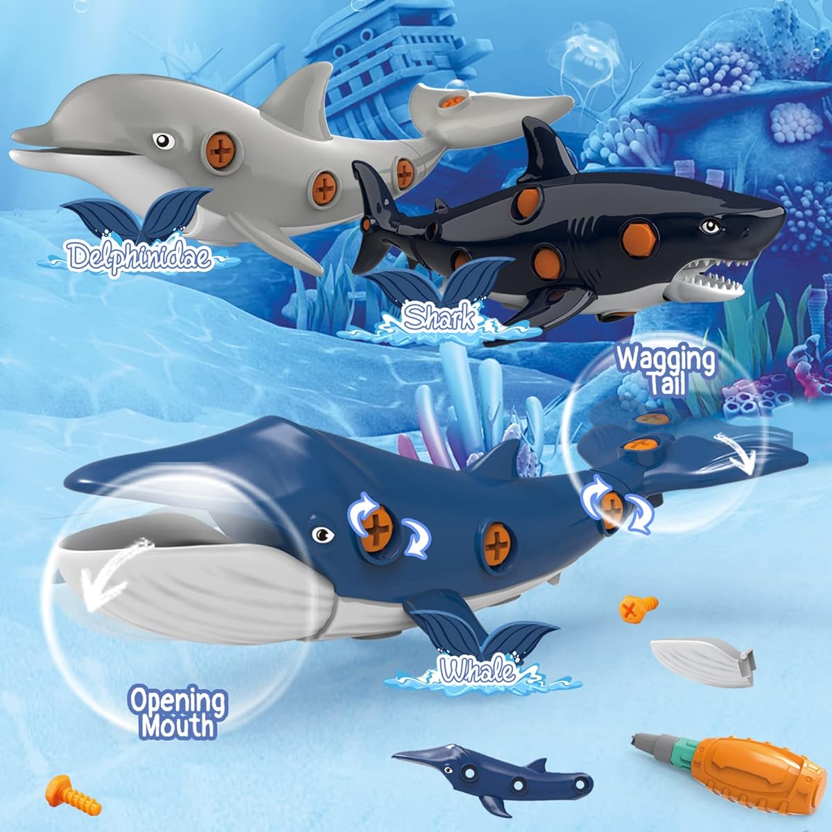 KAEGREEL Shark Take Apart Toy for Kids Assemble and Disassemble Ocean Fish Toy with Power Drill Driver, STEM Learning Building Toys for Boys and Girls, Birthday Gift for Ages 3, 4, 5, 6, 7, 8