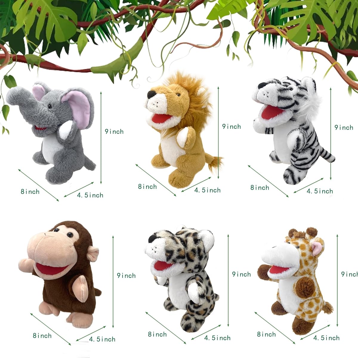 JUSTQUNSEEN Hand Puppets Animal Puppets 6 Pieces 10 Inch Puppets for Kids Stuffed Animals Jungle Animal Puppet Set Multicolor Movable Mouth Puppets for Storytelling (Elephant, Ion, Monkey, Leopard, Giraffe, Zebra)