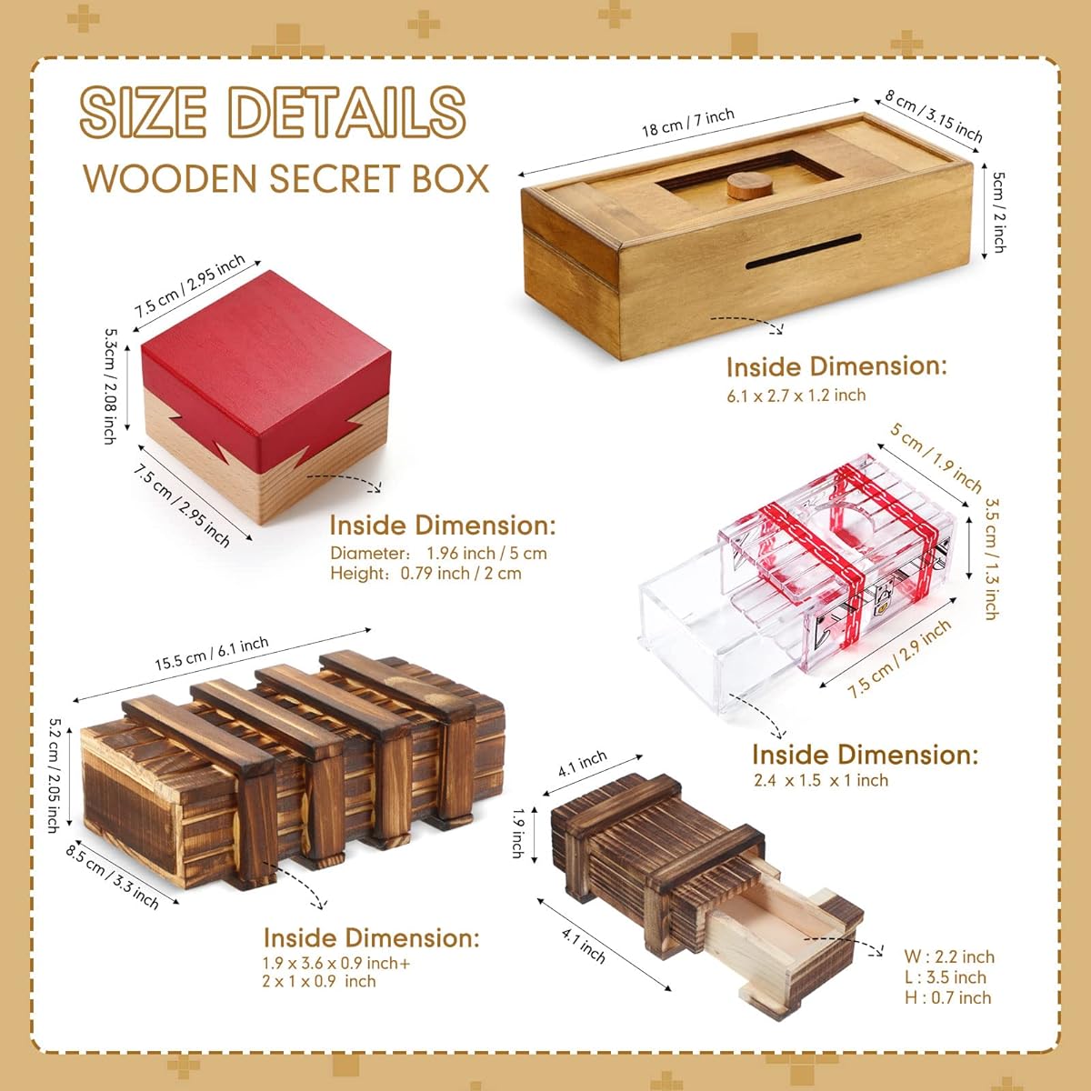 5 Pack Wooden Secret Box with Secret Compartment 3D Wooden Puzzle Box Secret Lock Box Wooden Puzzle Difficult Puzzle Gift Puzzle Game for Adults and Teens Party Supplies 5 Styles