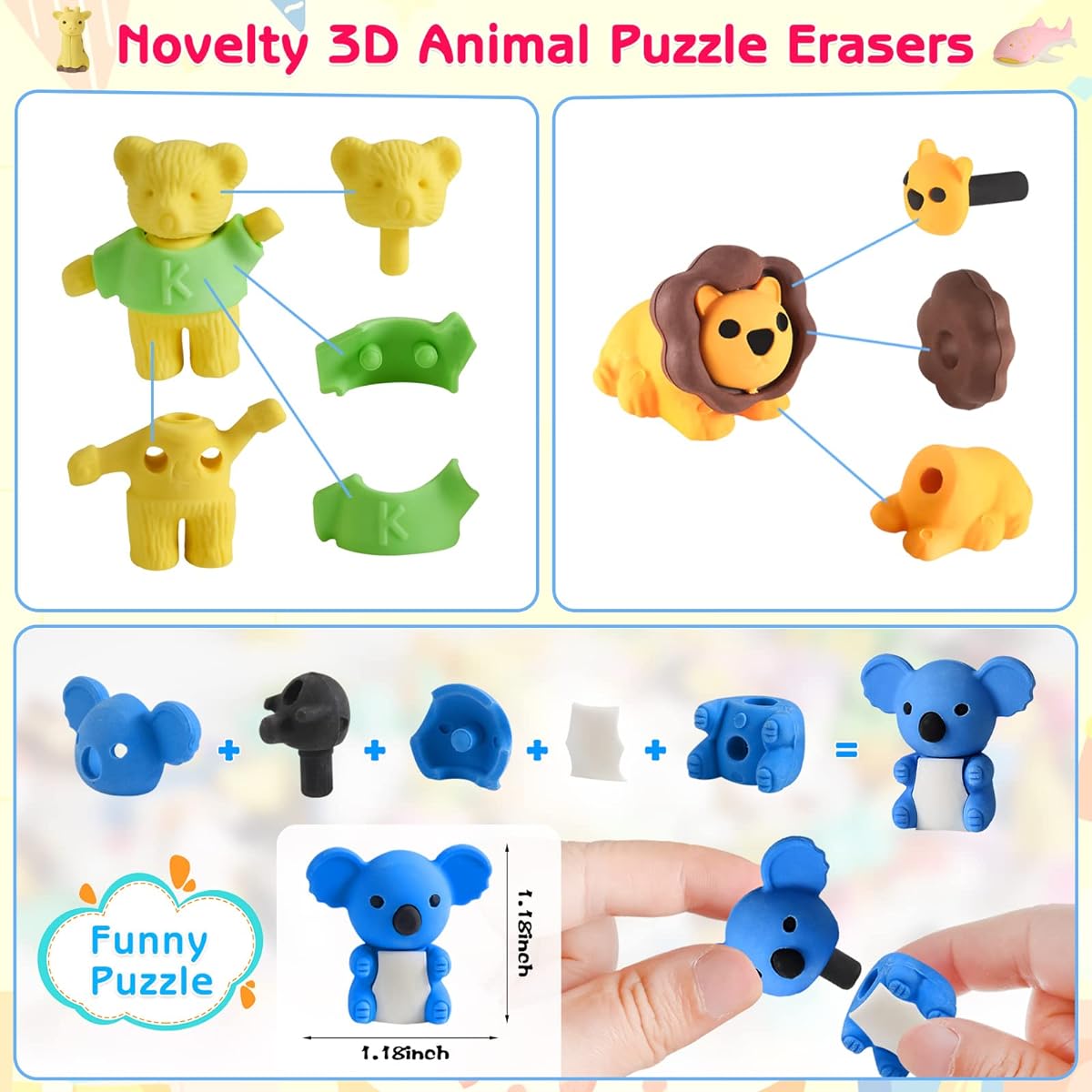 66 Pcs Animal Erasers for Kids, Cute Desk Pets for the Classroom, Cool 3D Puzzle Mini Erasers Bulk, Fun Back to School Gift Supplies, Classroom Rewards, Treasure Chest Toys for Kids Students