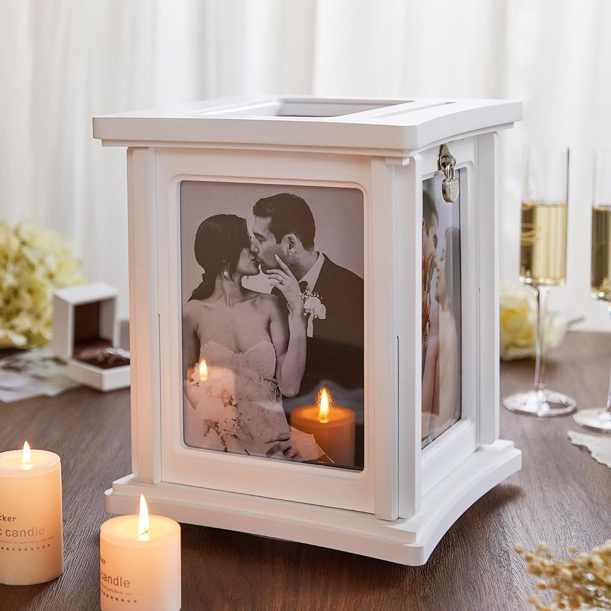 AW BRIDAL Wedding Card Box, Rotating Photo Frame Gift Card Box with Slots and LED String Lights, Wooden Bridal Decoration Money Box Envelope Card Case for Wedding Engagement Christmas Baby Shower Birthday (White)