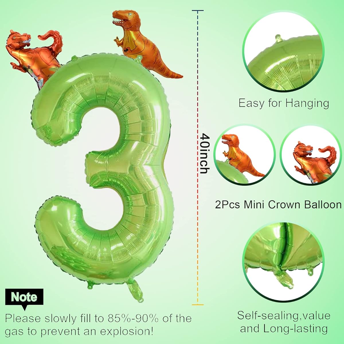 40 Inch Green Number 3 & 2 Pieces Mini Dinosaur Balloons Boys Birthday Party Decoration 3rd Birthday Dinosaur Party Supplies Green Jungle Dinosaur Theme Birthday Party Balloon Decorations