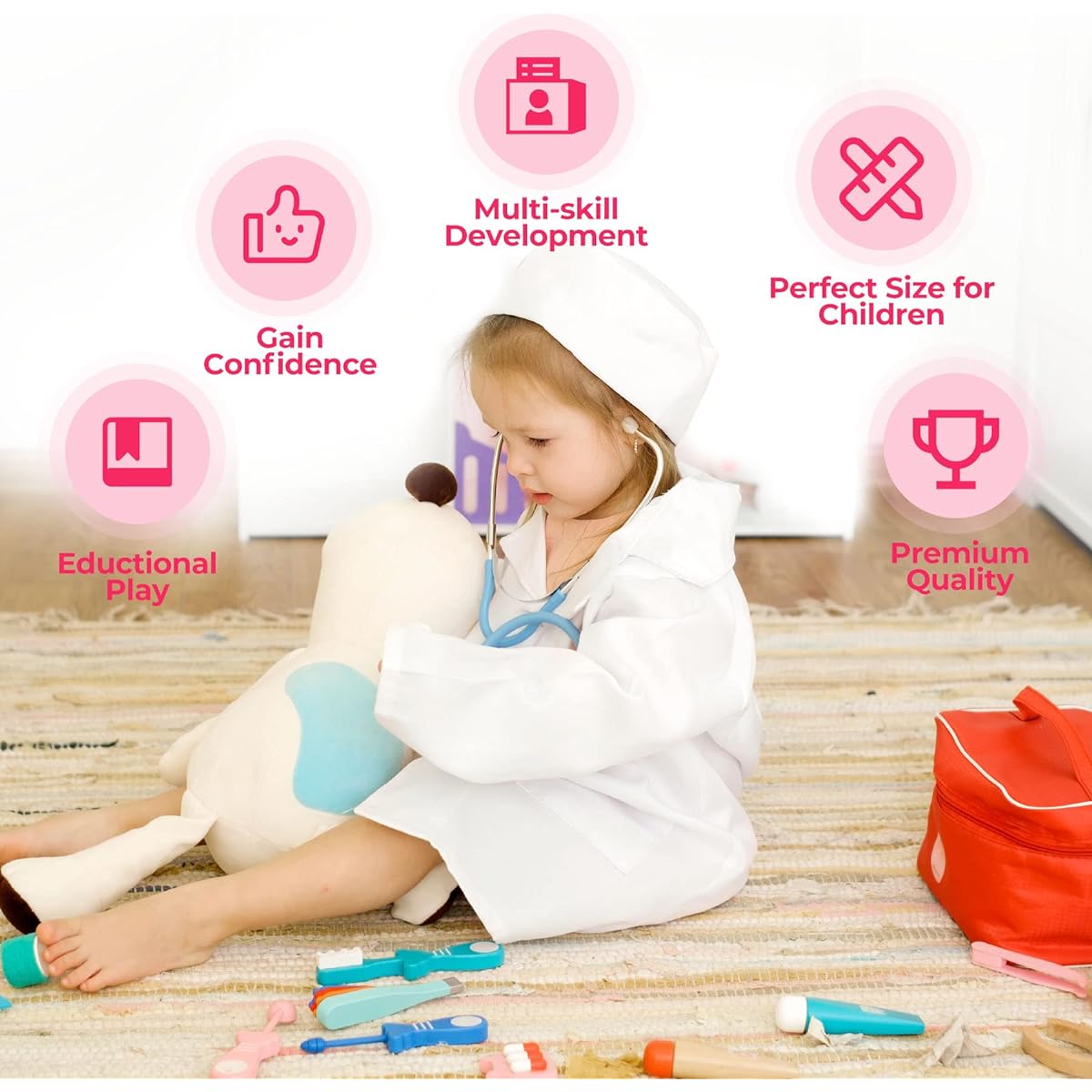 Wooden Doctor Kit for Kids, 23 Pieces Pretend Play Dentist Medical Toy Set with Stethoscope Kit, Doctor Set Toys for Toddlers, Boys and Girls, Ages 3+