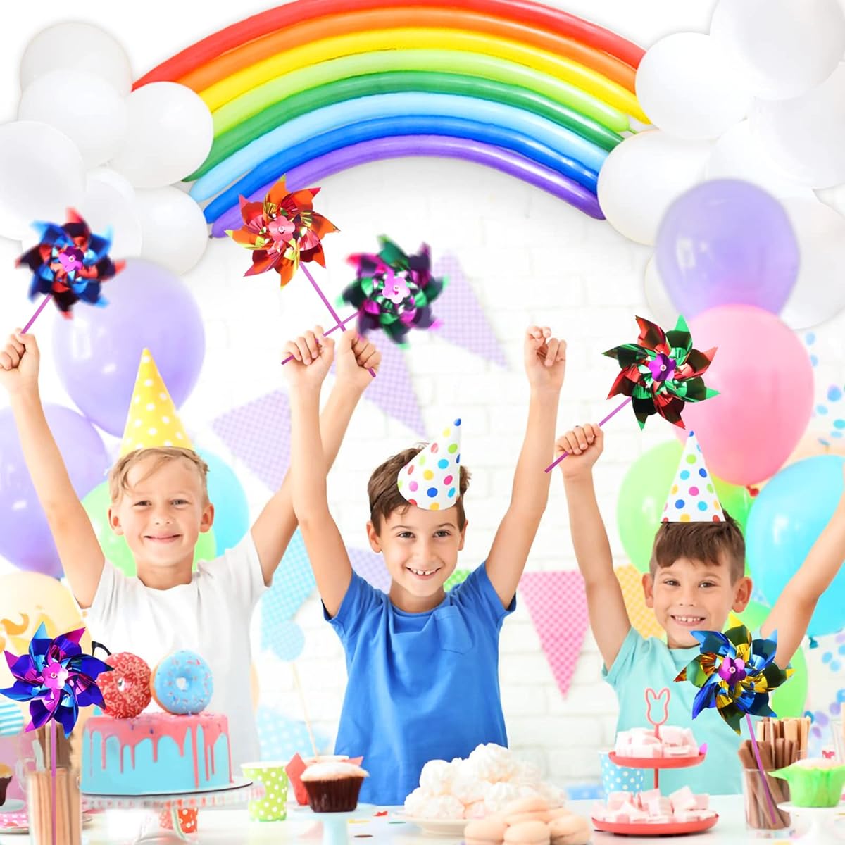 Windmill Rainbow Party Favors Supplies 75 Pack for Kids Outdoor Play Plastic Rainbow Windmills for Kids Yard Windmill Rainbow White Balloons Pinwheel Birthday Party Balloons Outdoor Lawn Decorations