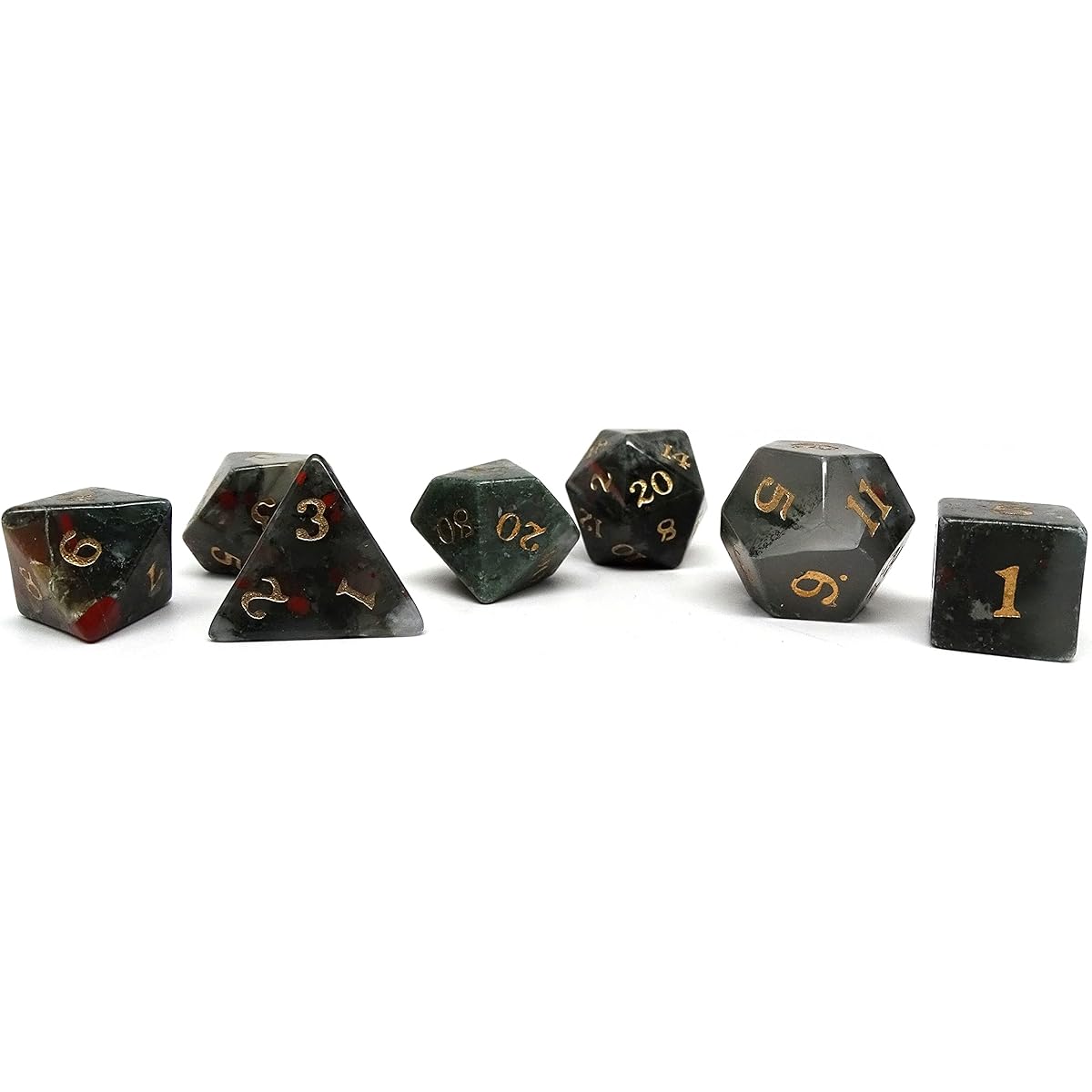 Stone Dice Collection – 7 Piece Collection of Semi-Precious Stone Dice with Signature Font (African Bloodstone)