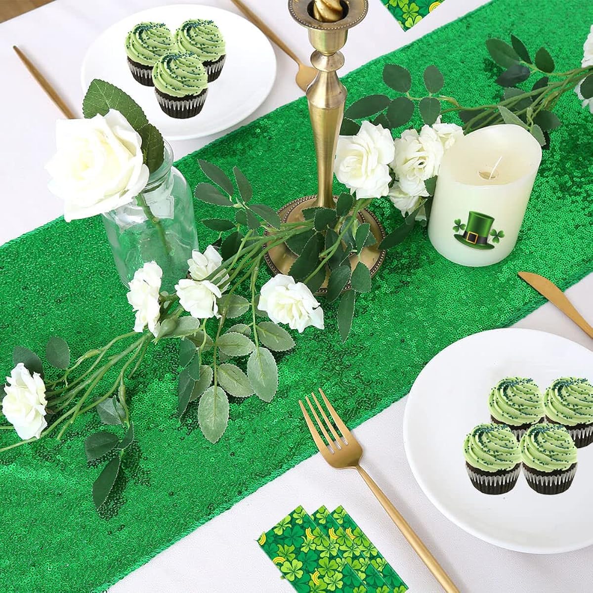 Green Sequin Table Runner 4 Pack 12x72 Inch Glitter Table Runner for Wedding Birthday Party Engagement St. Patrick's Day Dining Christmas Table Decoration