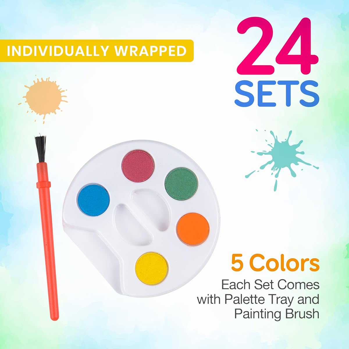 Mini Watercolor Paint Set - (24 Piece Bulk Pack) - 5 Watercolor Paints, Palette Tray, Paint Brushes, Art Party Favors, Kids Giveaways, Christmas Gifts, Stocking Stuffers, Paint Party Supplies
