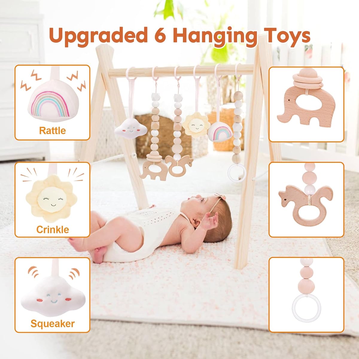 HAN-MM Wooden Baby Gym, 6 Wooden Baby Toys, Foldable Baby Play Gym Frame, Activity Gym, Hanging Bar, Newborn Gift, Baby Girl & Boy Gym (Natural Color)