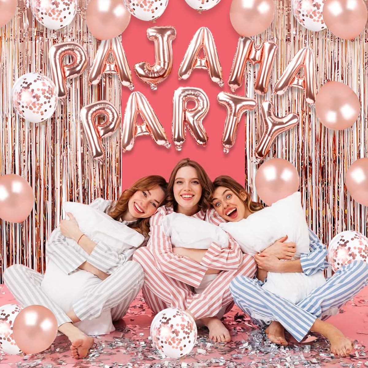 HappyField Rose Gold Theme Party PAJAMA Party Balloons Rose Gold Foil Curtains PAJAMA Party Banner Pajama Party Supplies Pajama Party Spa Party Balloons