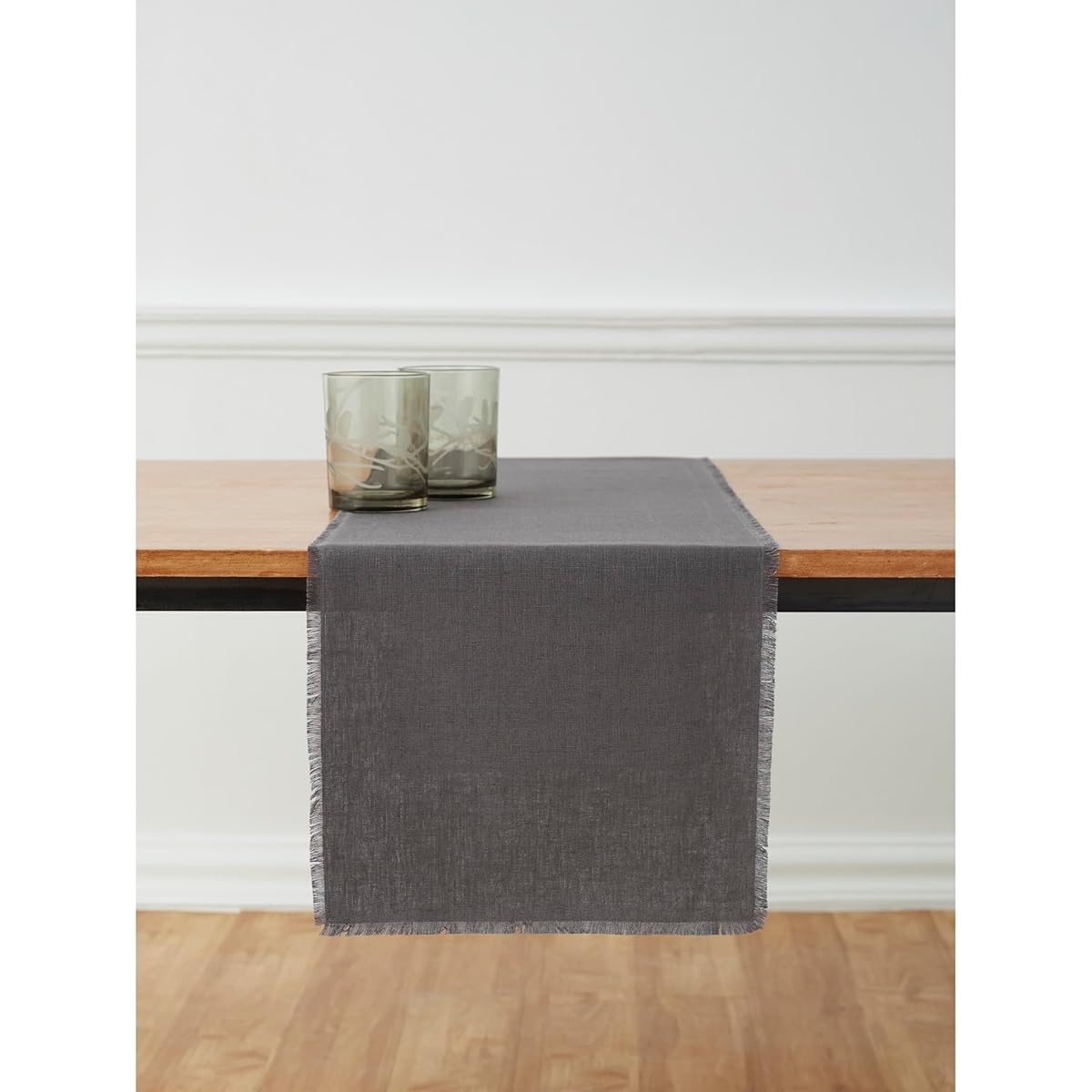 Solino Home Linen Table Runner 14 x 48 Inch - 100% Pure Linen Charcoal Table Runner for Spring, Summer Dining, Weddings - Machine Washable, Handcrafted from European Flax - Fringe