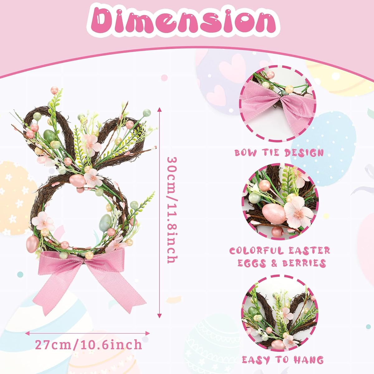 XunYee 2pcs Easter Bunny Spring Wreath for Front Door, Easter Rabbit Door Wreath with Bow Rabbit Garland and Artificial Flowers, Easter Door Hanger, Spring Easter Decorations