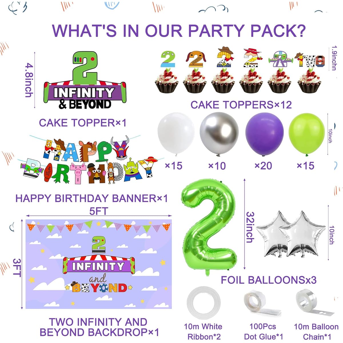 Crenics Two Infinity and Beyond Birthday Decorations - Two Infinity Backdrop Happy Birthday Banner Balloon Garland Arch Kit with 2 Number Balloons and Cake Topper for 2nd Birthday Decorations