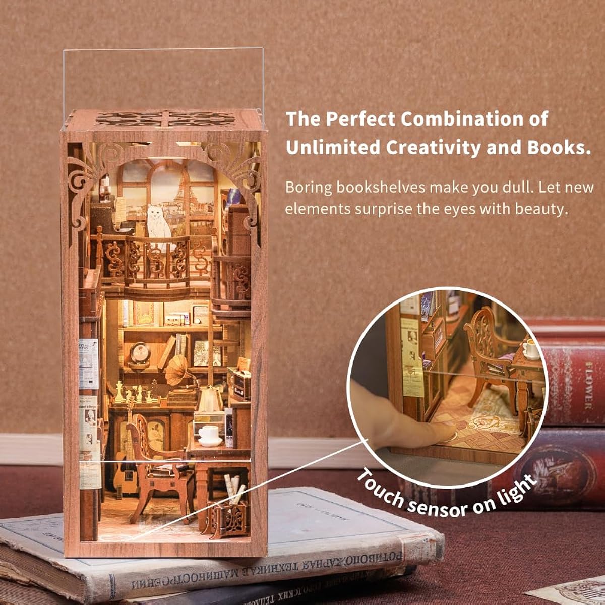 FSOLIS DIY Book Nook Kit DIY Dollhouse 3D Wooden Puzzle Bookends with Dust Cover Book Deco Model Kit Book Nook Bookshelf Insert Book Nook Kit for Adults (Secret Rhythm)
