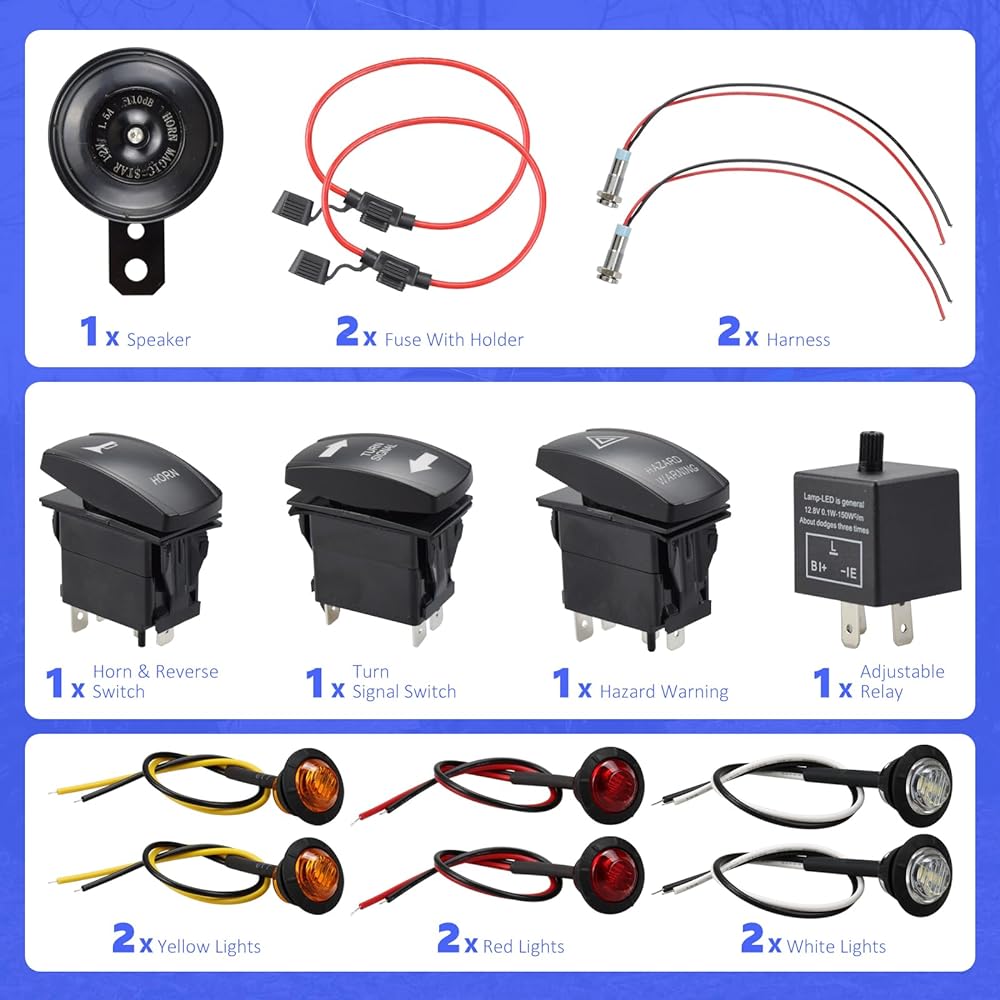Universal ATV UTV SXS Street Legal Kit Rocker Turn Signal Light Horn Hazard Switch Flasher Relay Fuse Line LED Light