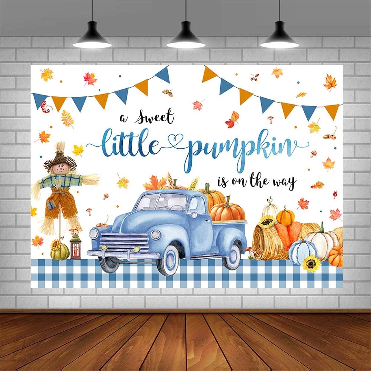 AIBIIN 7x5ft Pumpkin Baby Shower Backdrop Boy Autumn Little Pumpkin Baby Shower Party Decorations Blue Car Scarecrow Maple Leaf Baby Shower Banner Photo Studio Props