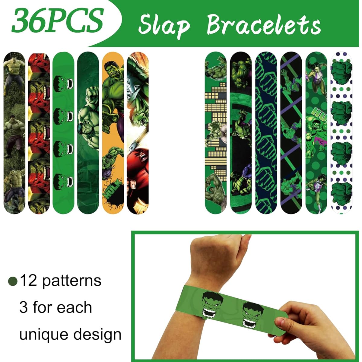 Hulk Party Favors, 86pcs Hulk Slap Bracelets Birthday Party Supplies, 36pcs Slap Bracelets, 50pcs Stickers, Hulk Theme Party Supplies