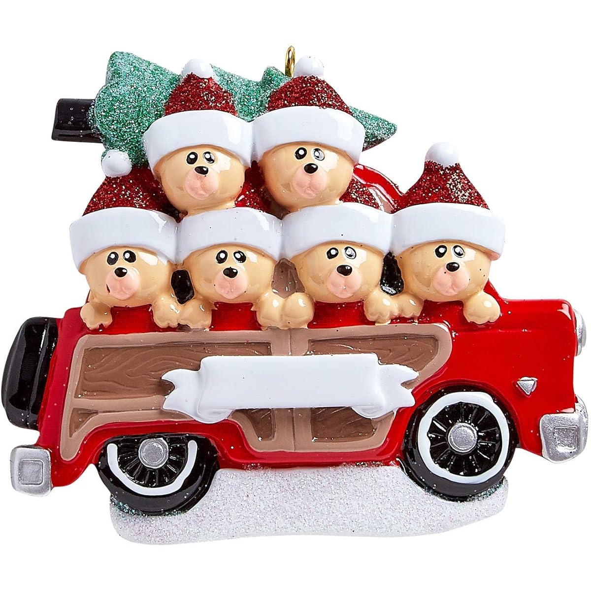 Personalized Woody Wagon Family Christmas Ornament 2018 - Parents Children Friends Couple Bears Travel in Red Car with Gift Tree Tradition - Winter and Eve Holiday - Free Customization Family of 6 Red
