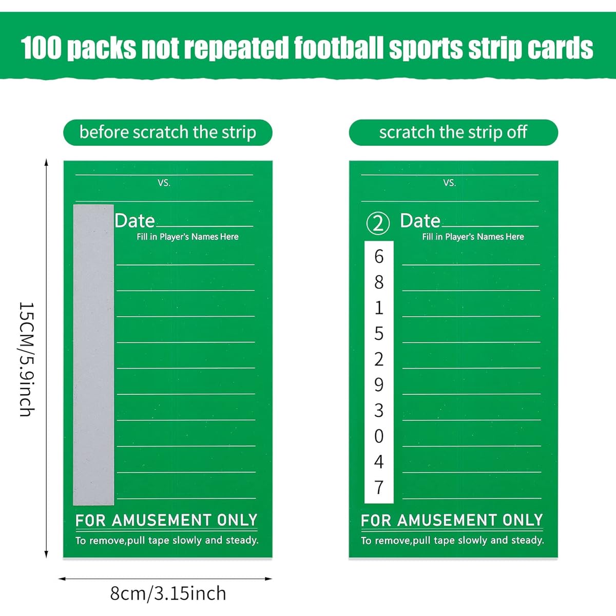 100 Pack 10 Line Sports Strip Cards Super Football Bowl Football Pool Cards, 100 No-repeat Green Baseball Boxing Soccer Football Strip Cards Playing Scratch Off Cards for Super Football Party Favor