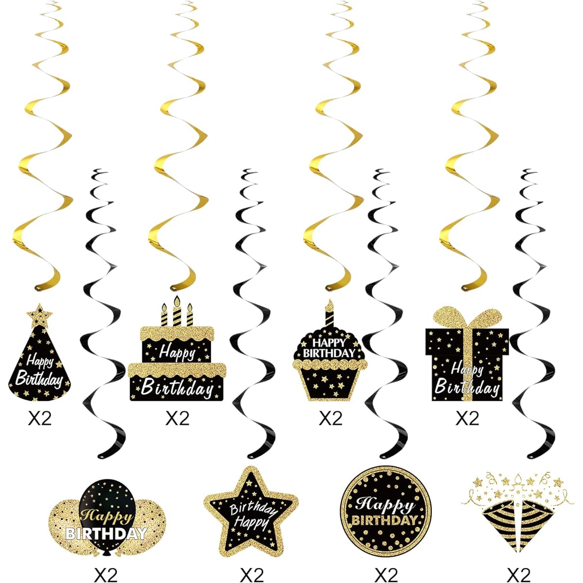 Black Gold Birthday Hanging Swirl Decorations for Men Women 16pcs Happy Birthday Foil Swirl Signs Party Supplies 10th 16th 21st 30th 40th 50th 60th Birthday Ceiling Swirl Decor