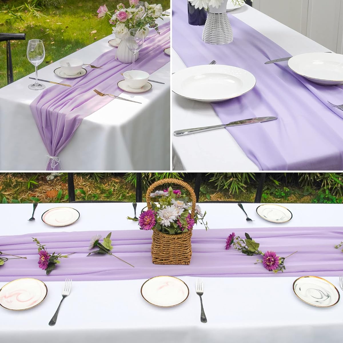 Cameway 10ft Table Runner 29x120inch Romantic Wedding Runner Sheer Bridal Party Decorations (Purple, 2)